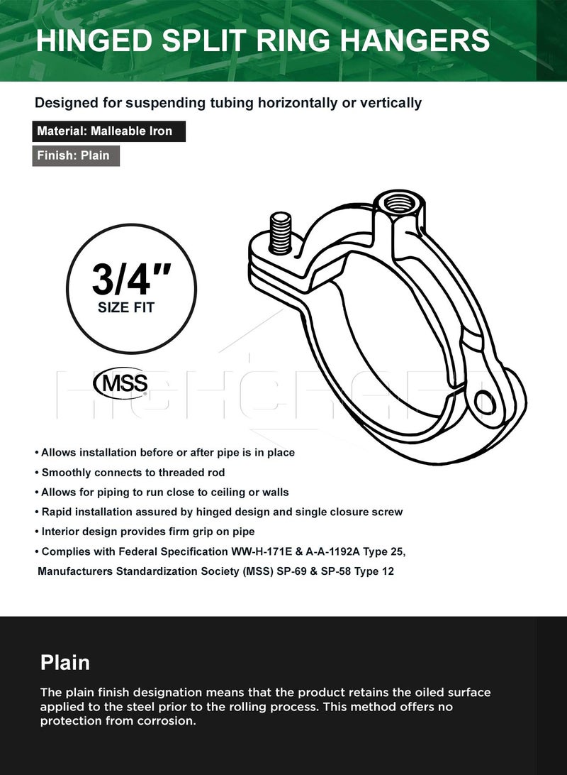 HIGHCRAFT HINGB-34-10 Industrial Decor Hinged Split Ring Pipe Hanger 3/4 in. Malleable Iron, with 3/8 in. Rod Fitting, Vintage Mounting Bracket for Tubing, Shower Curtain, Tiki Torch (10 Pack) - Image 5